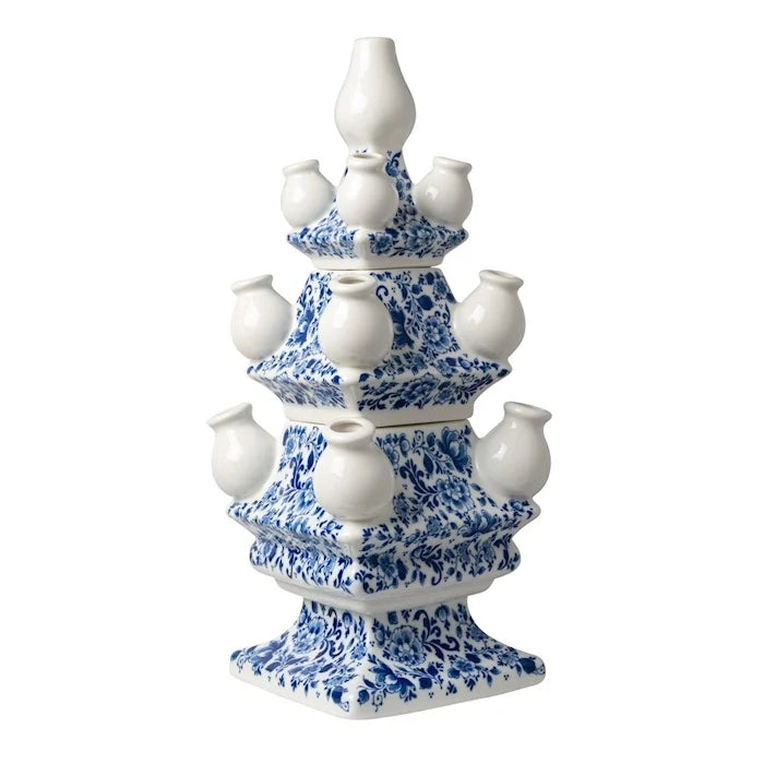 Stapelvaas 3-delig Sierlijke bloem blauw wit, geïnspireerd door klassieke Delfts blauwe ontwerpen, met elegante bloemenprint en moderne twist, geleverd in unieke verpakkingsdozen